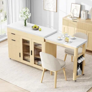 Extendable Dining Table Kitchen Island, Rolling Cart with Quartz Laminate Top, Storage Cabinet, Spice Rack, Shelf & Drawer for D