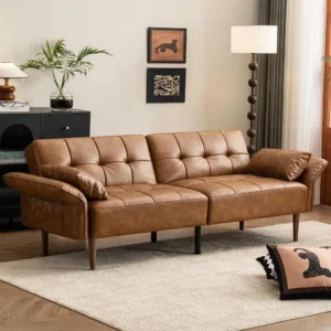 85” Futon Sofa Bed, Sleeper Sofa, Small Couch with Storage Adjustable Armrests Pillows, Faux Leather Loveseat, Conver Customized