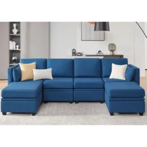 Blue 6-Seat High-Support Sectional Sofa with Storage and Ottomans for Living Room